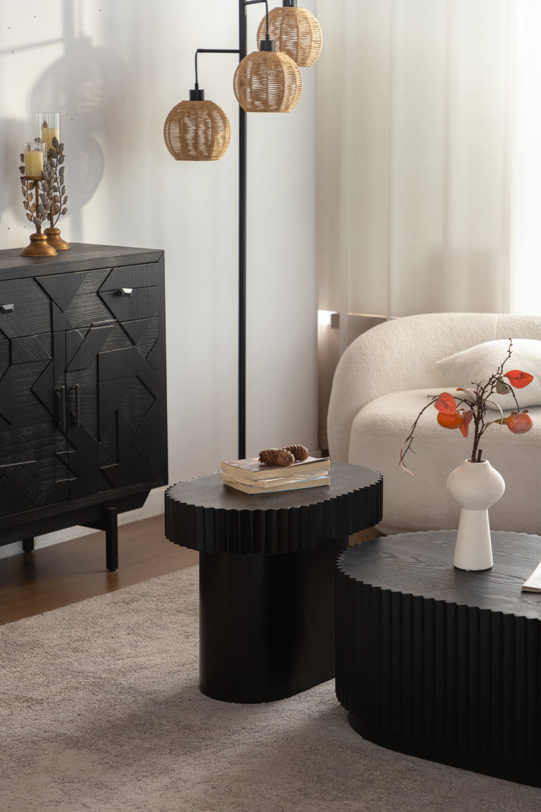 Timeless 2-Piece Mid-Century Modern Coffee Table Set with Oval Drum Coffee Table & Round Pedestal Side Table, Walnut Brown #25037