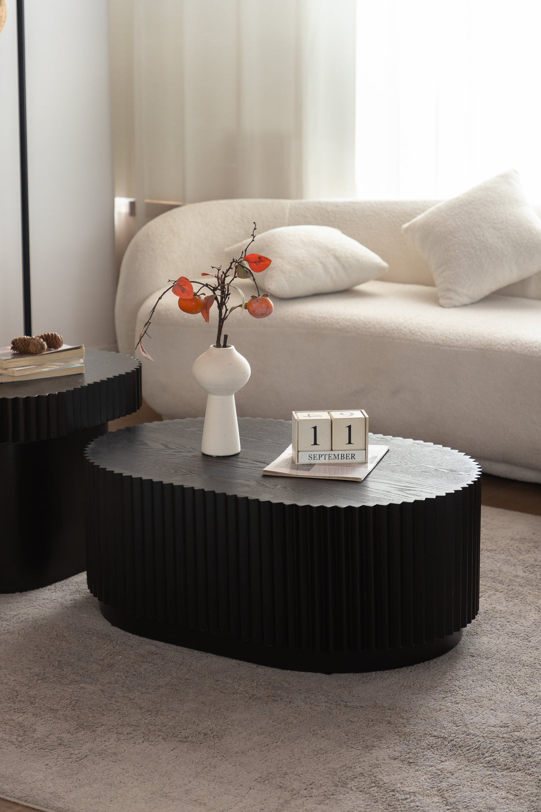 Timeless 2-Piece Mid-Century Modern Coffee Table Set with Oval Drum Coffee Table & Round Pedestal Side Table, Walnut Brown #25037