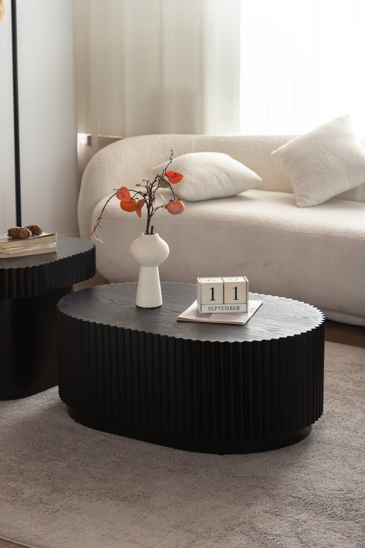 Timeless 2-Piece Mid-Century Modern Coffee Table Set with Oval Drum Coffee Table & Round Pedestal Side Table, Walnut Brown #25037