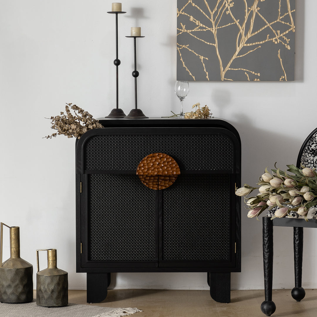 Modern Black Storage Cabinet with Woven Rattan Doors and Decorative Hammered Handle #MH3760