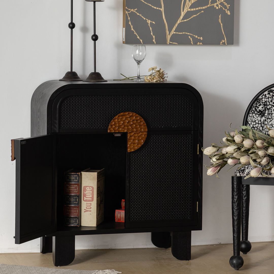 Modern Black Storage Cabinet with Woven Rattan Doors and Decorative Hammered Handle #MH3760