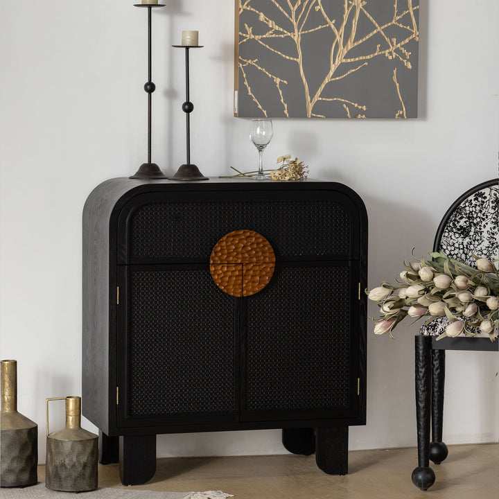 Modern Black Storage Cabinet with Woven Rattan Doors and Decorative Hammered Handle #MH3760