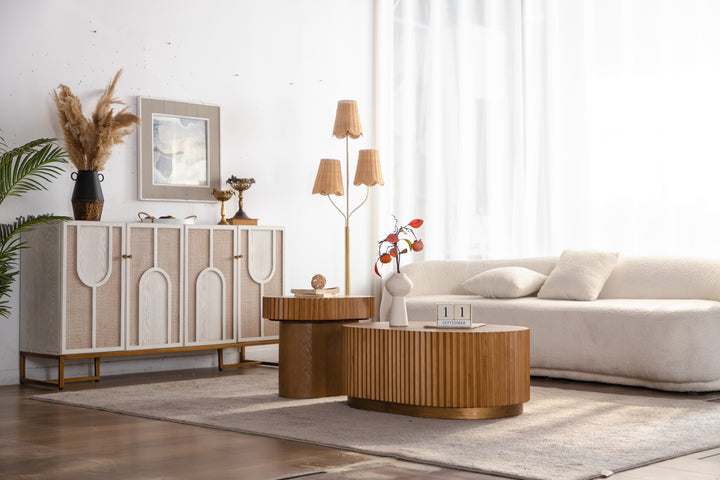 Timeless 2-Piece Mid-Century Modern Coffee Table Set with Oval Drum Coffee Table & Round Pedestal Side Table, Walnut Brown #25037