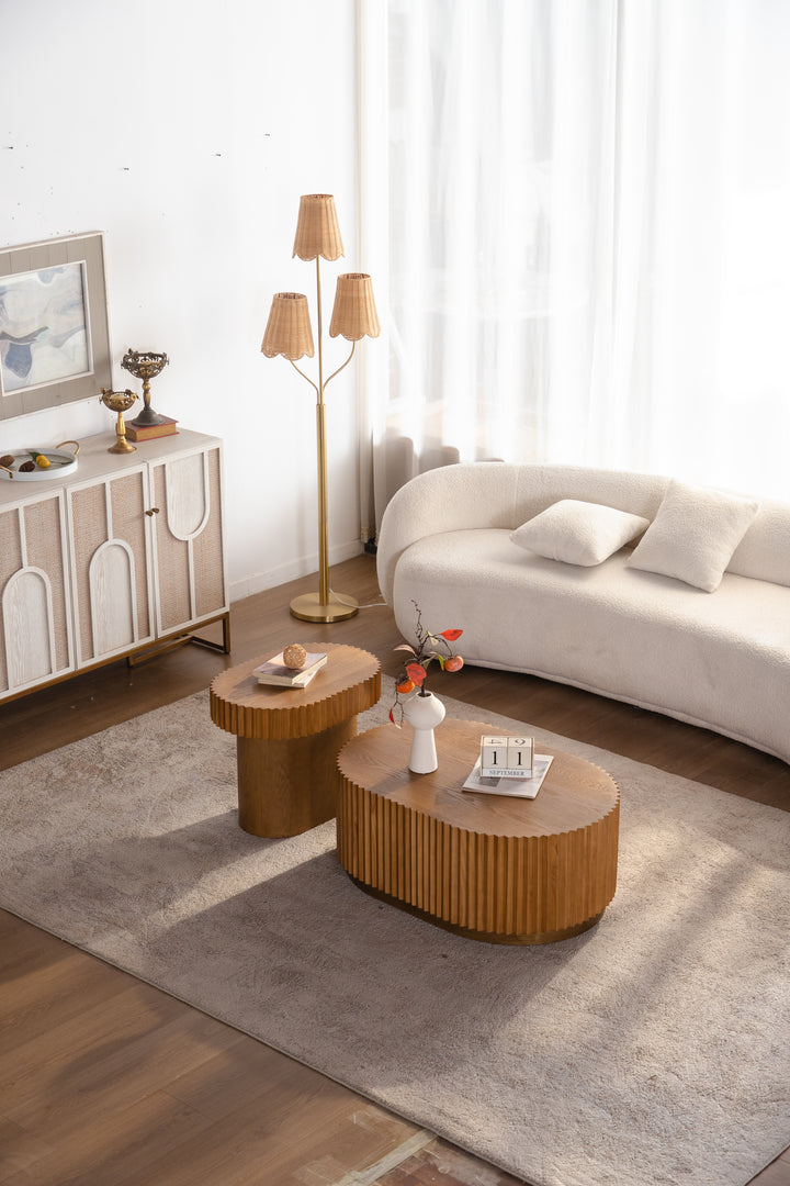 Timeless 2-Piece Mid-Century Modern Coffee Table Set with Oval Drum Coffee Table & Round Pedestal Side Table, Walnut Brown #25037