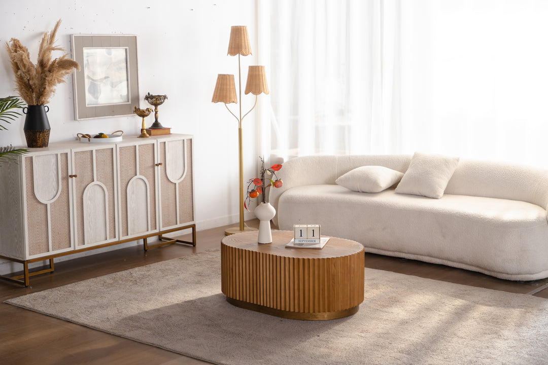 Timeless 2-Piece Mid-Century Modern Coffee Table Set with Oval Drum Coffee Table & Round Pedestal Side Table, Walnut Brown #25037