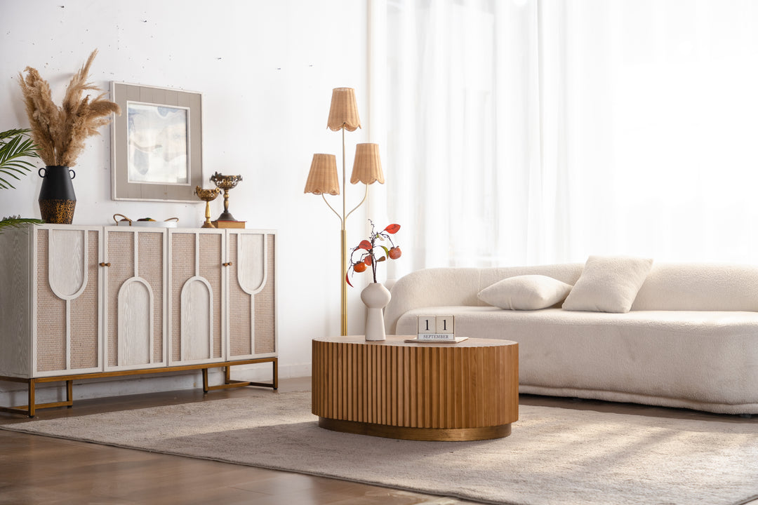 Timeless 2-Piece Mid-Century Modern Coffee Table Set with Oval Drum Coffee Table & Round Pedestal Side Table, Walnut Brown #25037