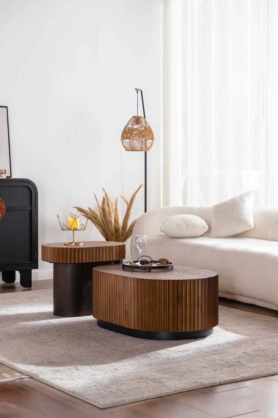 Timeless 2-Piece Mid-Century Modern Coffee Table Set with Oval Drum Coffee Table & Round Pedestal Side Table, Walnut Brown #25037
