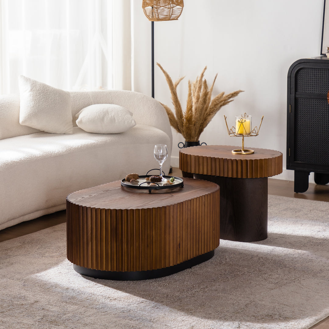Timeless 2-Piece Mid-Century Modern Coffee Table Set with Oval Drum Coffee Table & Round Pedestal Side Table, Walnut Brown #25037