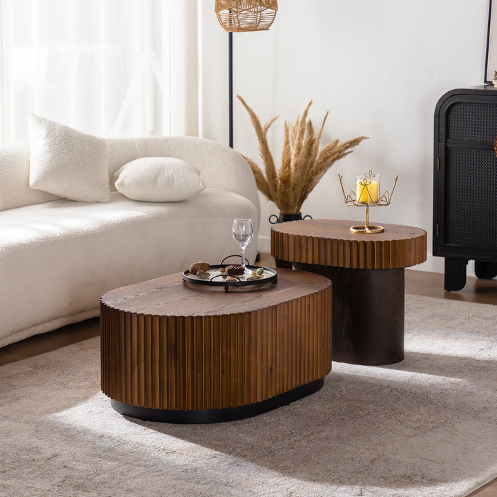Timeless 2-Piece Mid-Century Modern Coffee Table Set with Oval Drum Coffee Table & Round Pedestal Side Table, Walnut Brown #25037