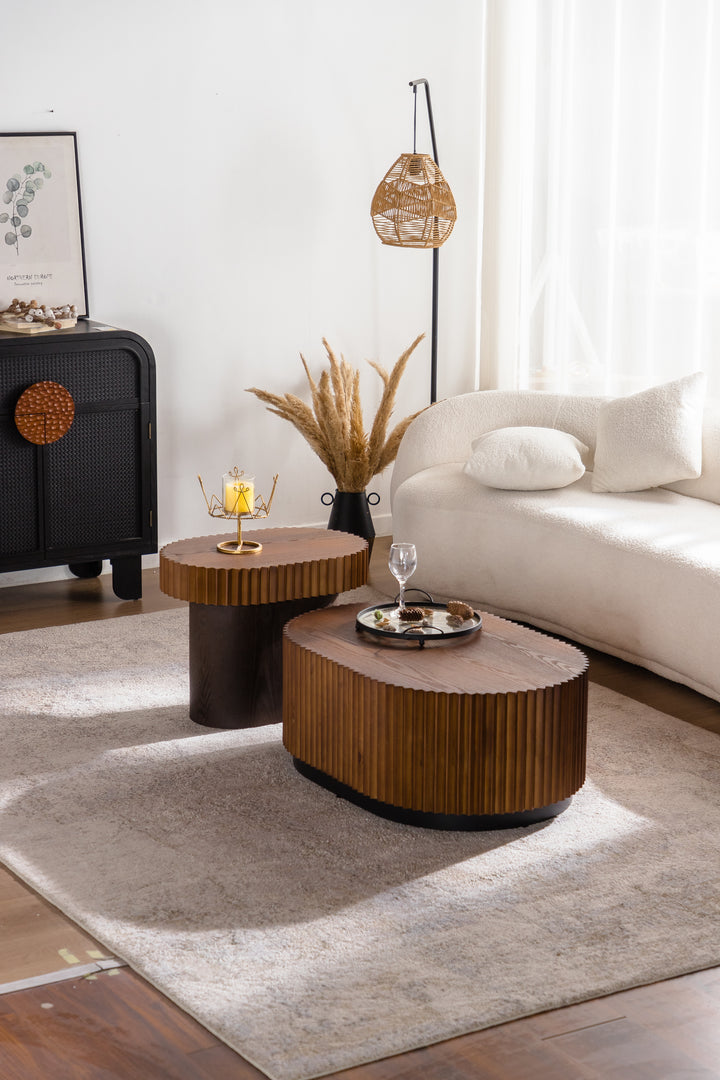 Timeless 2-Piece Mid-Century Modern Coffee Table Set with Oval Drum Coffee Table & Round Pedestal Side Table, Walnut Brown #25037
