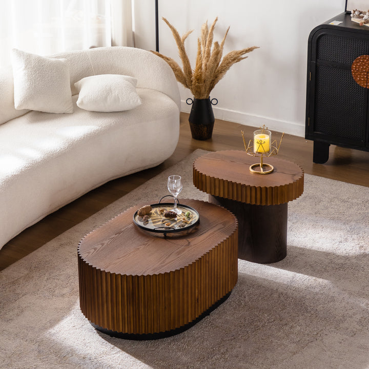 Timeless 2-Piece Mid-Century Modern Coffee Table Set with Oval Drum Coffee Table & Round Pedestal Side Table, Walnut Brown #25037