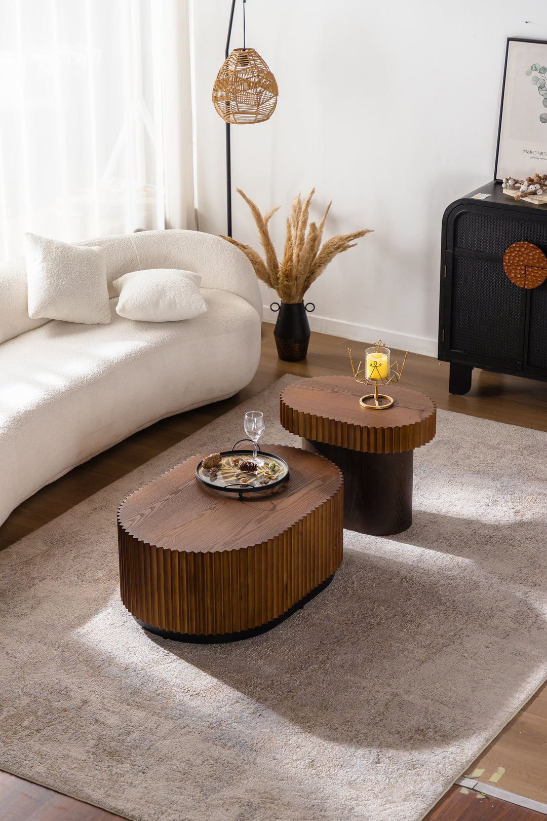 Timeless 2-Piece Mid-Century Modern Coffee Table Set with Oval Drum Coffee Table & Round Pedestal Side Table, Walnut Brown #25037