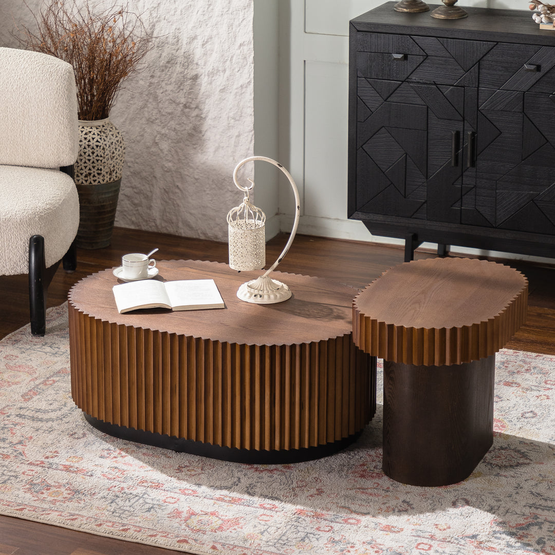 Timeless 2-Piece Mid-Century Modern Coffee Table Set with Oval Drum Coffee Table & Round Pedestal Side Table, Walnut Brown #25037