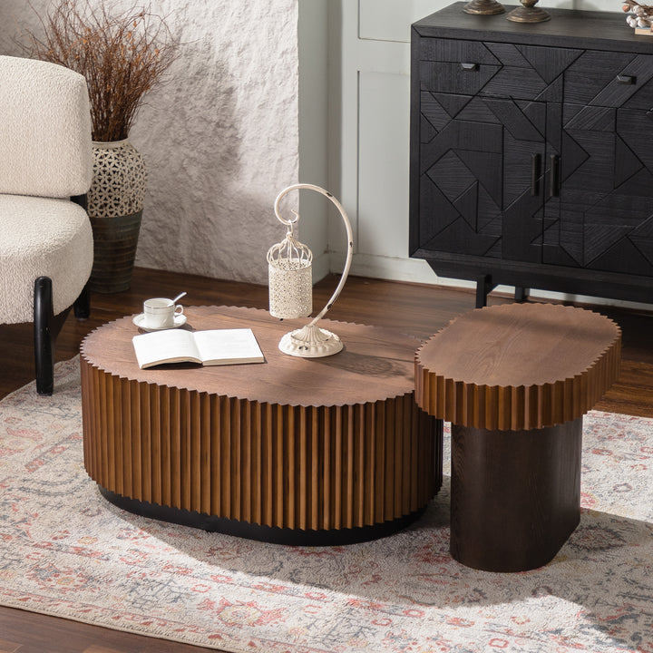 Timeless 2-Piece Mid-Century Modern Coffee Table Set with Oval Drum Coffee Table & Round Pedestal Side Table, Walnut Brown #25037