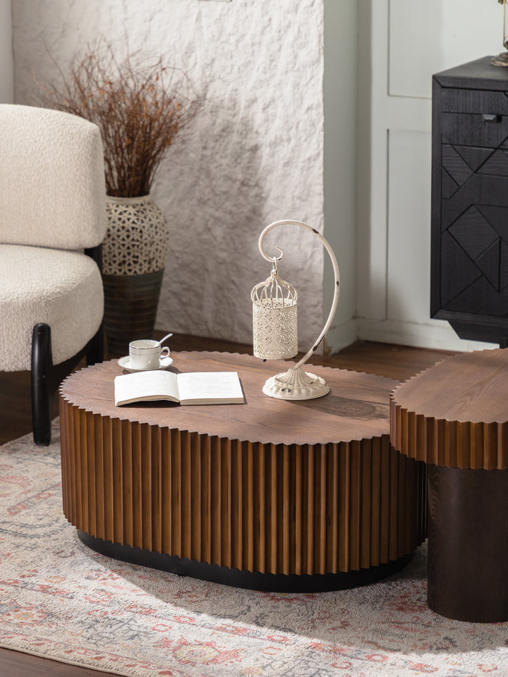 Timeless 2-Piece Mid-Century Modern Coffee Table Set with Oval Drum Coffee Table & Round Pedestal Side Table, Walnut Brown #25037