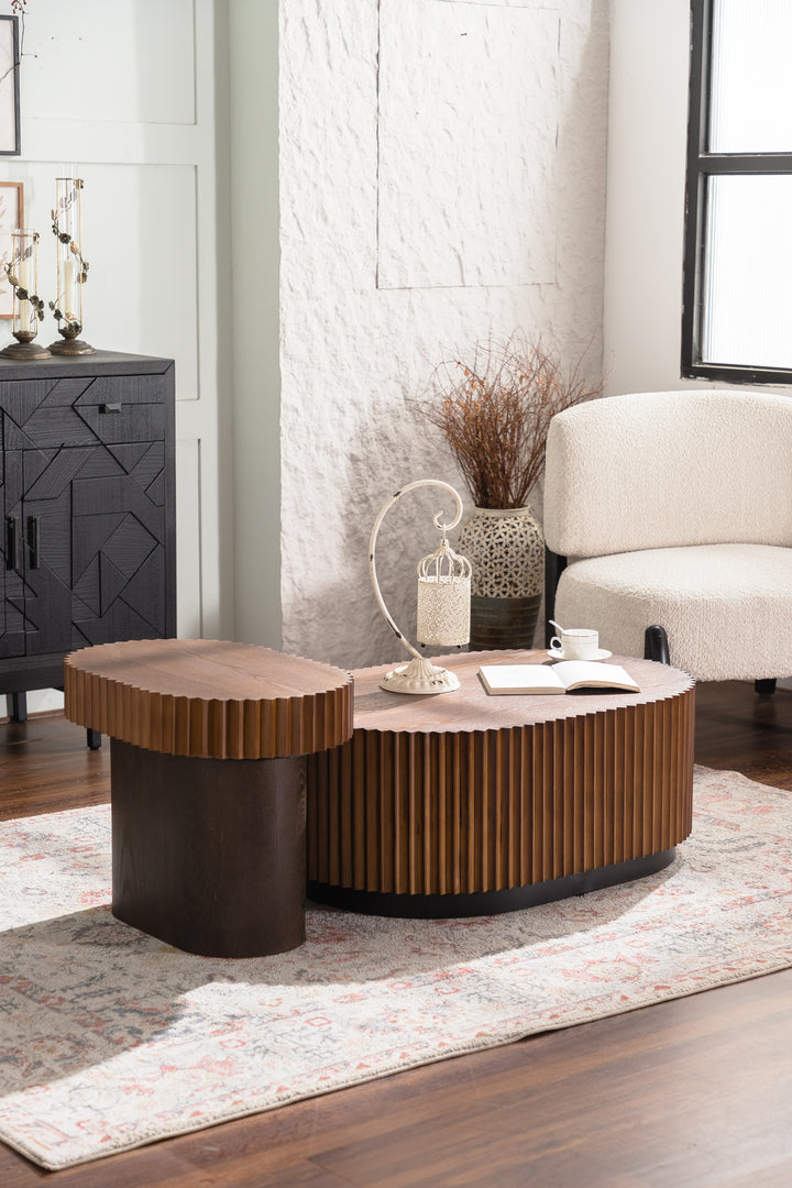 Timeless 2-Piece Mid-Century Modern Coffee Table Set with Oval Drum Coffee Table & Round Pedestal Side Table, Walnut Brown #25037