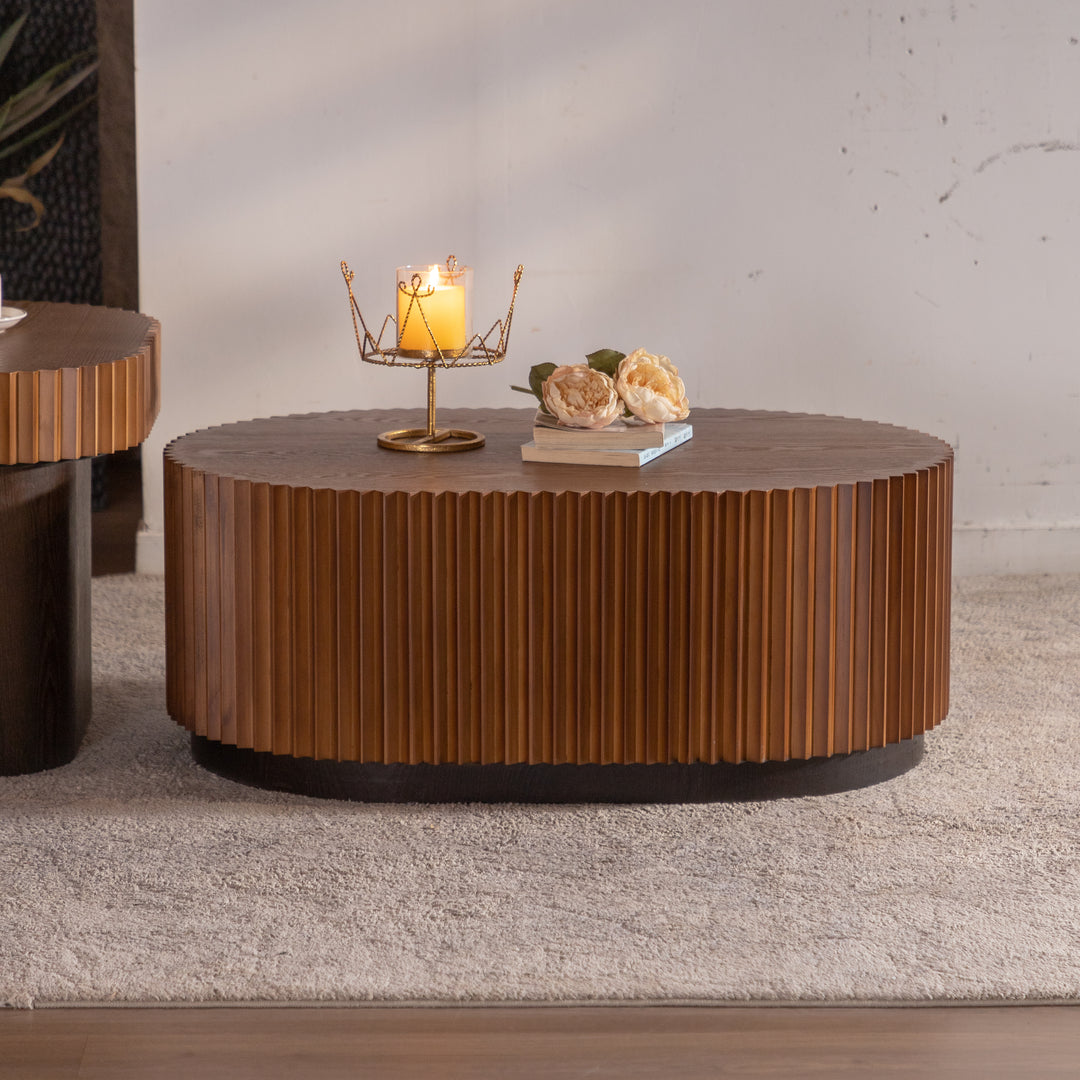 Timeless 2-Piece Mid-Century Modern Coffee Table Set with Oval Drum Coffee Table & Round Pedestal Side Table, Walnut Brown #25037