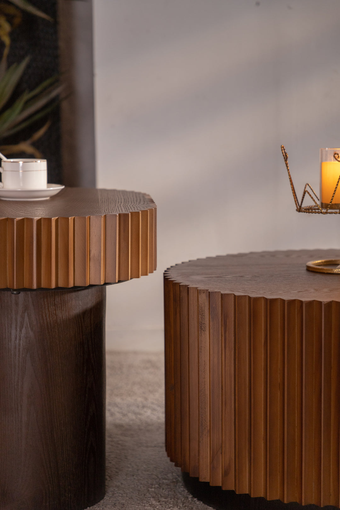 Timeless 2-Piece Mid-Century Modern Coffee Table Set with Oval Drum Coffee Table & Round Pedestal Side Table, Walnut Brown #25037