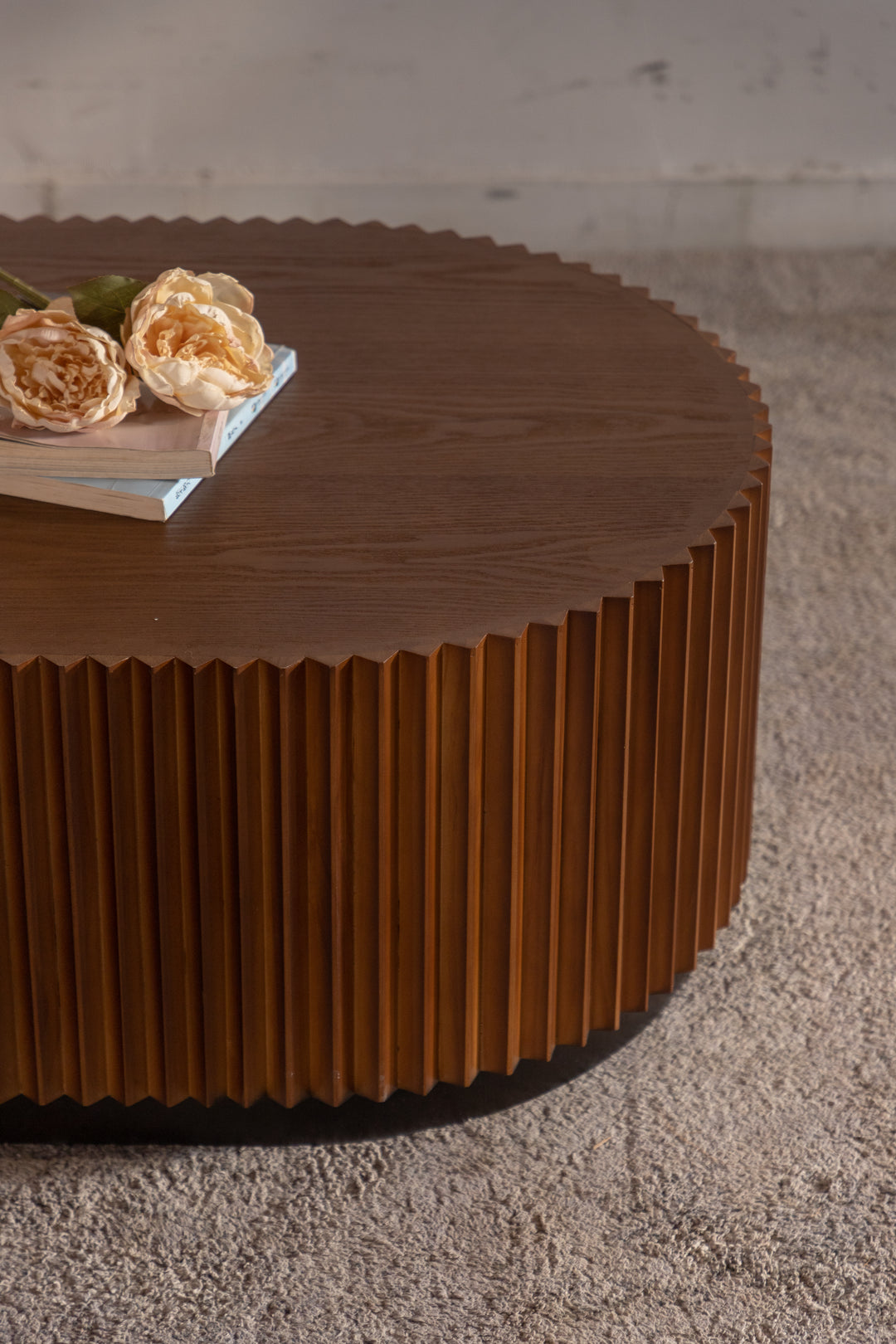 Timeless 2-Piece Mid-Century Modern Coffee Table Set with Oval Drum Coffee Table & Round Pedestal Side Table, Walnut Brown #25037