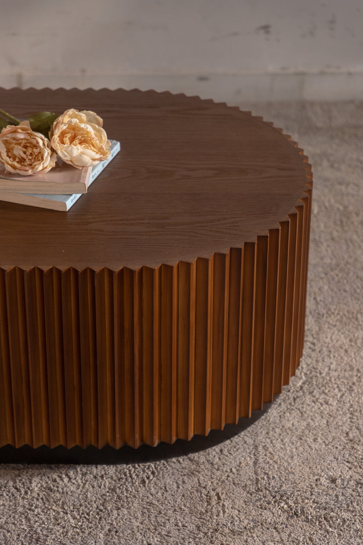 Timeless 2-Piece Mid-Century Modern Coffee Table Set with Oval Drum Coffee Table & Round Pedestal Side Table, Walnut Brown #25037