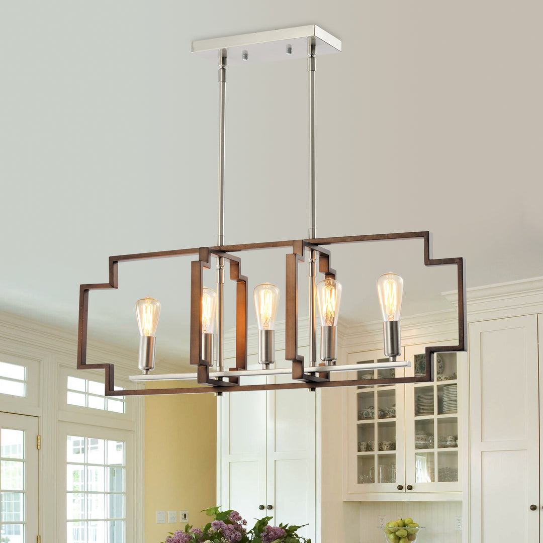 Maxax 5 - Light Kitchen Island Rectangle Chandelier with Wrought Iron Accent #MX1920-P5