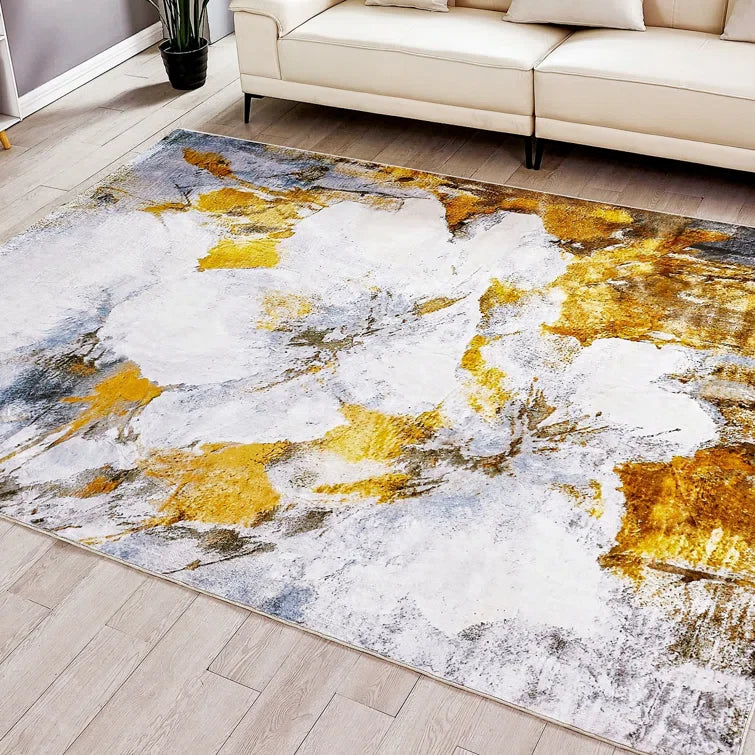 YUIlili Yullili Area Rug 4x6 Washable Rugs, Flower Rug Low Pile Oil Painting Carpet No Slip No Shedding Rugs for Kids Room, Bedside, Playroom, Room Decor, Yellow #AZJL7