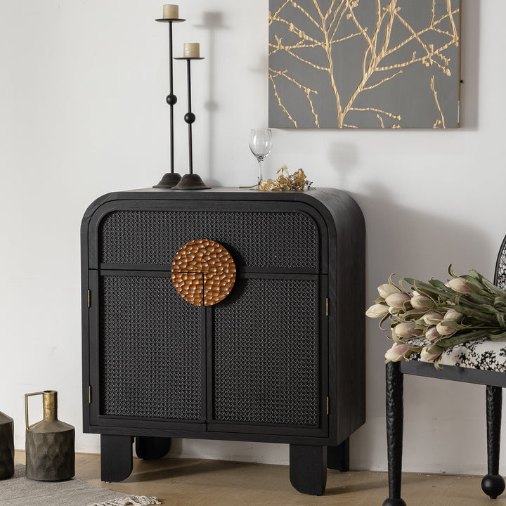 Modern Black Storage Cabinet with Woven Rattan Doors and Decorative Hammered Handle #MH3760