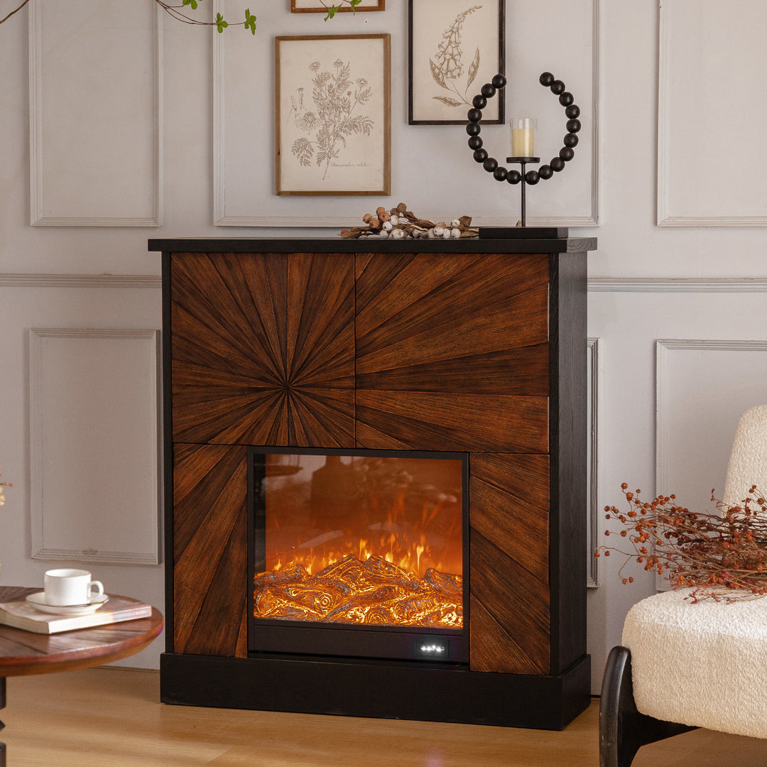 Evoke Modern Black and Wood Storage Cabinet with Built-In Electric Fireplace #MH3824