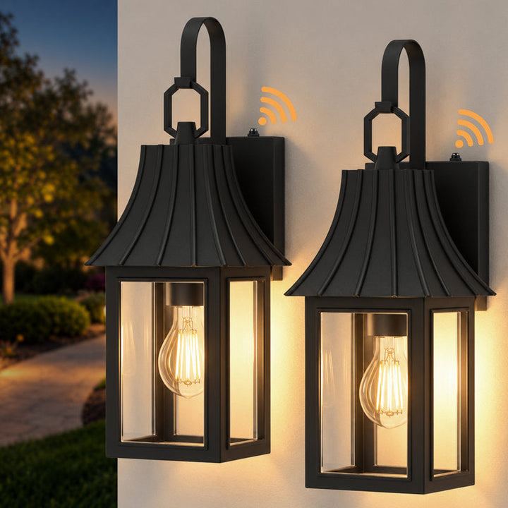 16"H 1-Light Farmhouse Exterior Wall Lantern Sconce, Dusk to Dawn Photocell Auto Activation, Matte Sand Grain Black Iron Frame, Clear Tempered Glass, Weatherproof Hardwired Front Porch &amp; Entryway Lighting (Set of 2) - Image 1