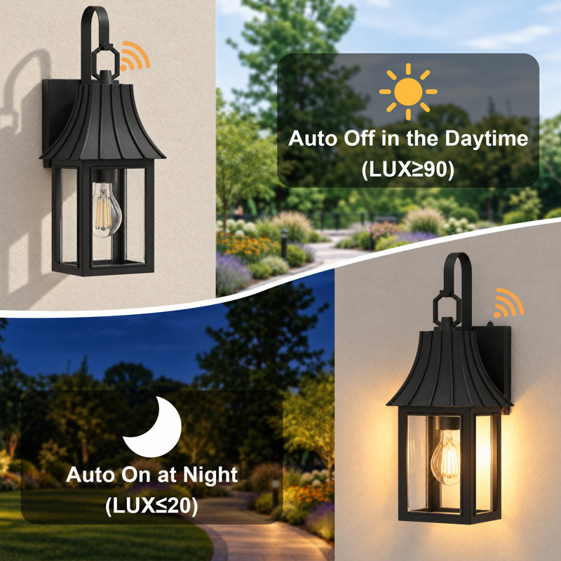 16"H 1-Light Farmhouse Exterior Wall Lantern Sconce, Dusk to Dawn Photocell Auto Activation, Matte Sand Grain Black Iron Frame, Clear Tempered Glass, Weatherproof Hardwired Front Porch &amp; Entryway Lighting (Set of 2) - Image 2