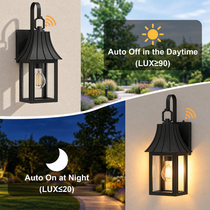 16"H 1-Light Farmhouse Exterior Wall Lantern Sconce, Dusk to Dawn Photocell Auto Activation, Matte Sand Grain Black Iron Frame, Clear Tempered Glass, Weatherproof Hardwired Front Porch &amp; Entryway Lighting (Set of 2) - Image 2