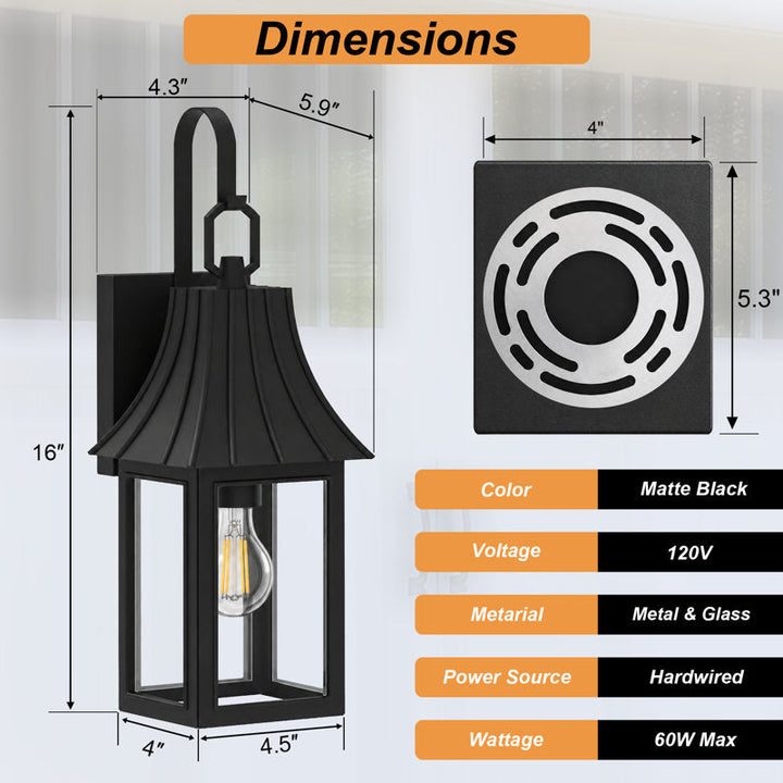 16"H 1-Light Farmhouse Exterior Wall Lantern Sconce, Dusk to Dawn Photocell Auto Activation, Matte Sand Grain Black Iron Frame, Clear Tempered Glass, Weatherproof Hardwired Front Porch &amp; Entryway Lighting (Set of 2) - Image 3
