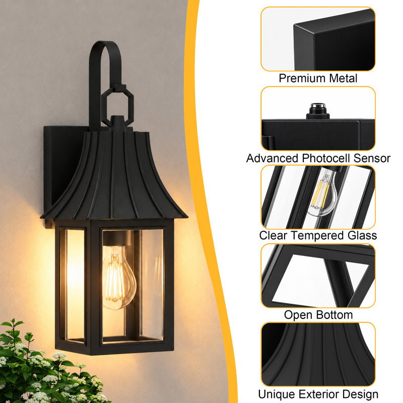 16"H 1-Light Farmhouse Exterior Wall Lantern Sconce, Dusk to Dawn Photocell Auto Activation, Matte Sand Grain Black Iron Frame, Clear Tempered Glass, Weatherproof Hardwired Front Porch &amp; Entryway Lighting (Set of 2) - Image 4