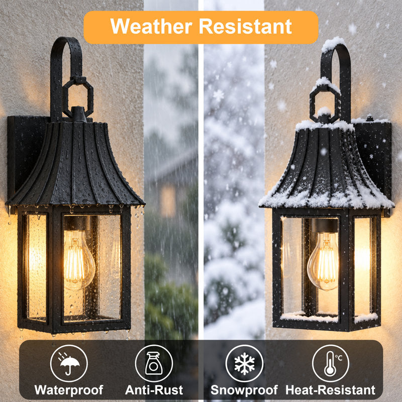16"H 1-Light Farmhouse Exterior Wall Lantern Sconce, Dusk to Dawn Photocell Auto Activation, Matte Sand Grain Black Iron Frame, Clear Tempered Glass, Weatherproof Hardwired Front Porch &amp; Entryway Lighting (Set of 2) - Image 5