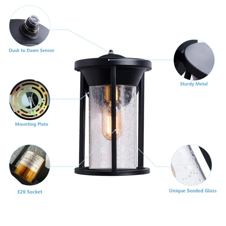 Maxax 2 PACK Black Seeded Glass Outdoor Wall Lantern with Dusk to Dawn #2525/2W
