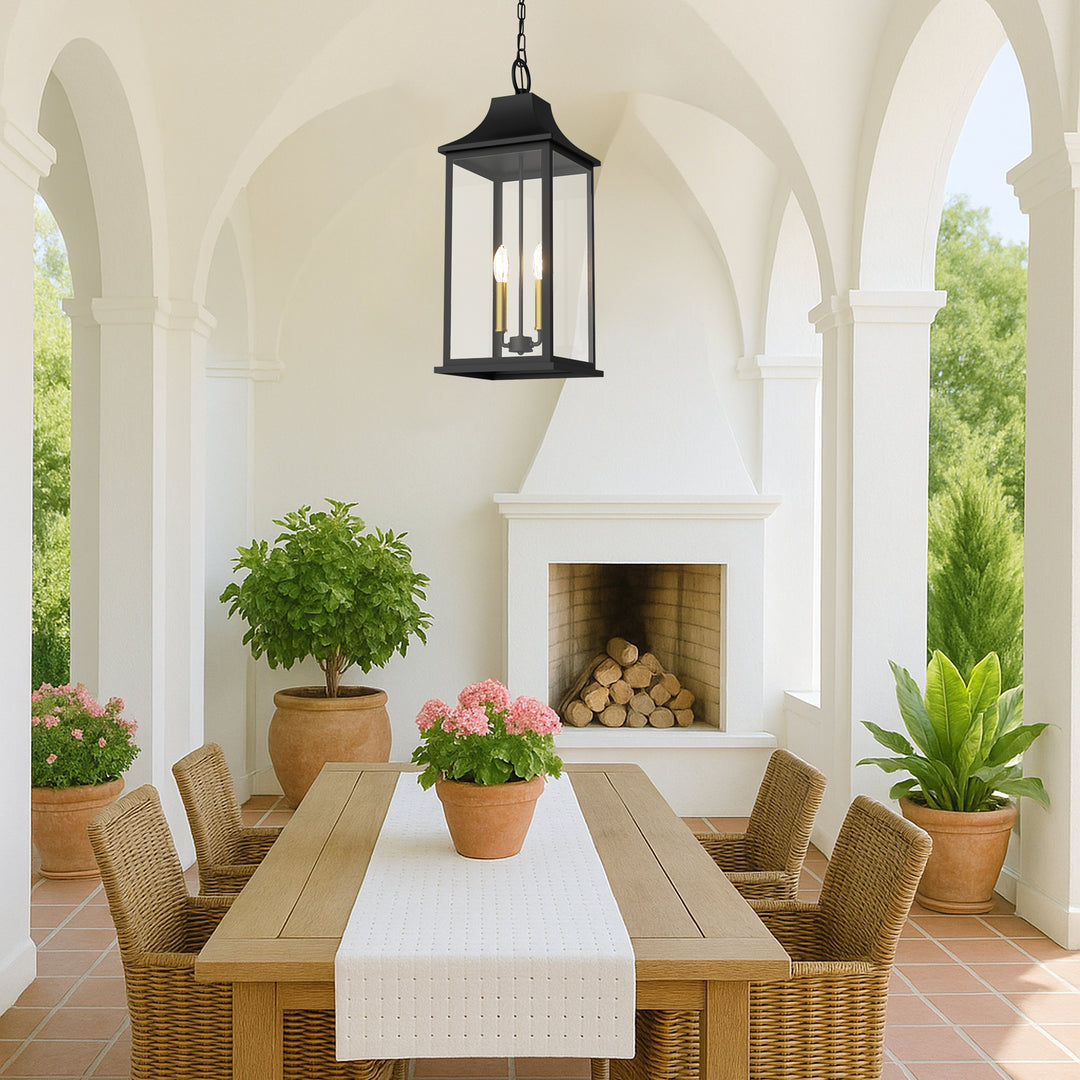 Element 2 - Light 20''H Adjustable Black and Gold Base Iron ETL Outdoor Hanging Lights with Clear Tempered Glass #7089