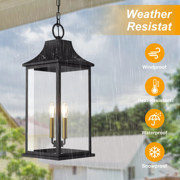 Element 2 - Light 20''H Adjustable Black and Gold Base Iron ETL Outdoor Hanging Lights with Clear Tempered Glass #7089