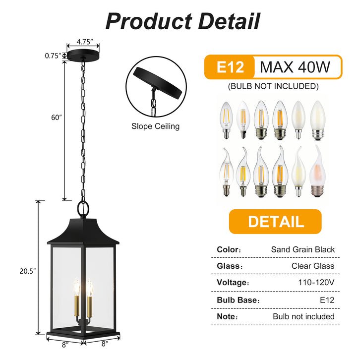 Element 2 - Light 20''H Adjustable Black and Gold Base Iron ETL Outdoor Hanging Lights with Clear Tempered Glass #7089