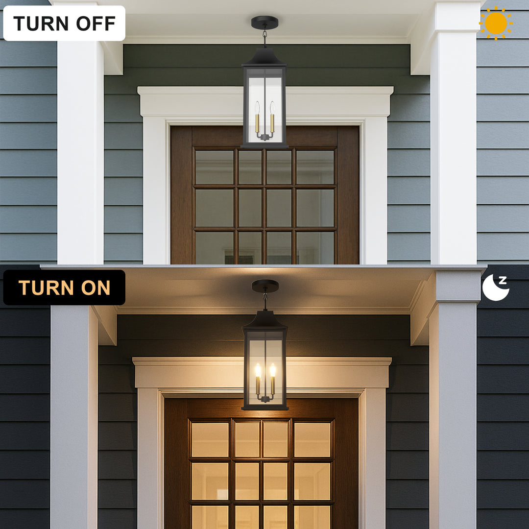 Element 2 - Light 20''H Adjustable Black and Gold Base Iron ETL Outdoor Hanging Lights with Clear Tempered Glass #7089