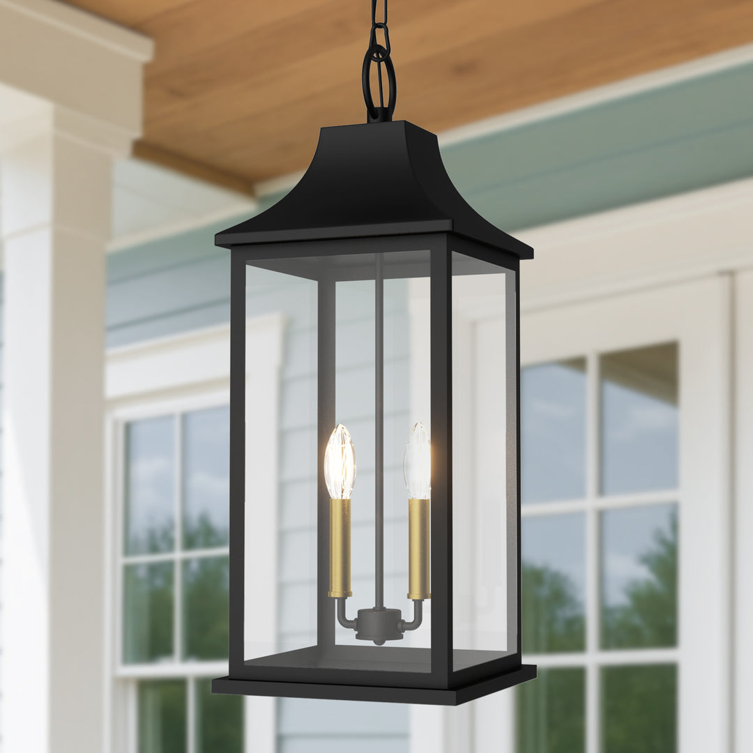 Element 2 - Light 20''H Adjustable Black and Gold Base Iron ETL Outdoor Hanging Lights with Clear Tempered Glass #7089