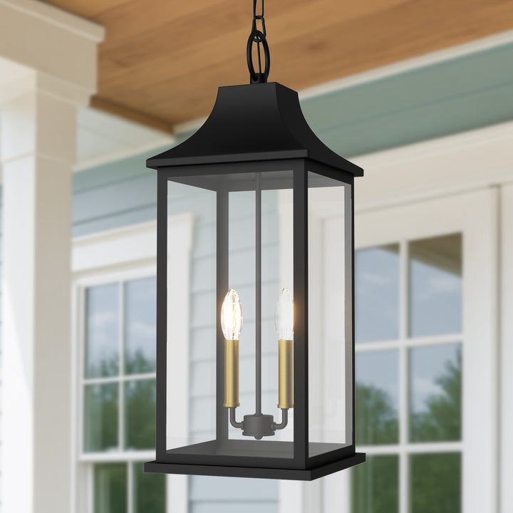 Element 2 - Light 20''H Adjustable Black and Gold Base Iron ETL Outdoor Hanging Lights with Clear Tempered Glass #7089