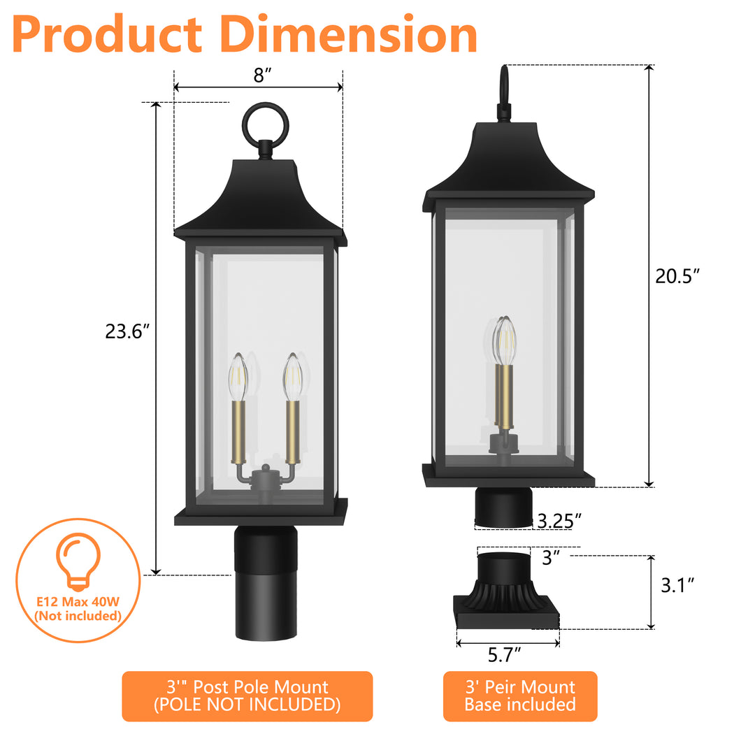 Pathfinder 2 - Light 23.6''h  Black And Gold Iron Outdoor Post Light With Clear Tempered Glass #7091