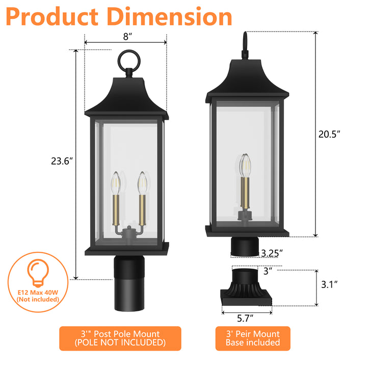 Pathfinder 2 - Light 23.6''h  Black And Gold Iron Outdoor Post Light With Clear Tempered Glass #7091