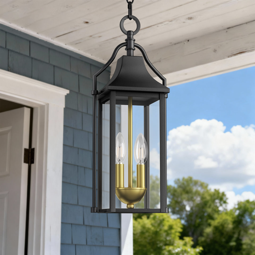 Element 20'' H Black and Gold Iron Outdoor Hanging Lights with Tempered Glass #7093