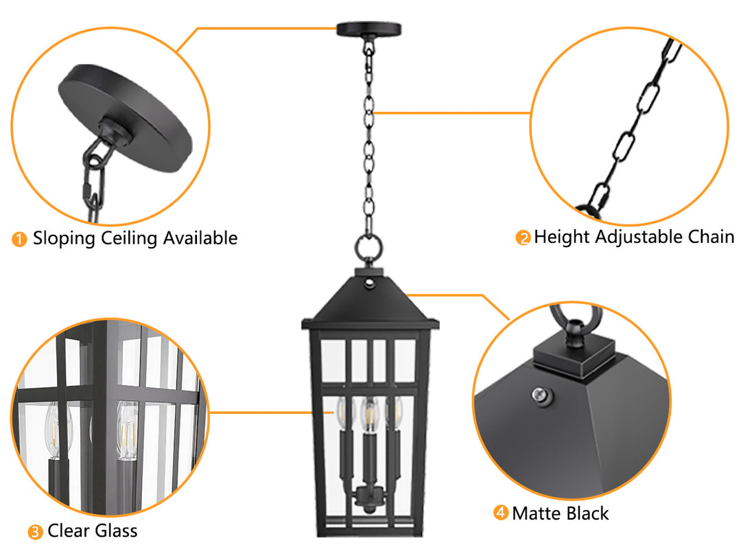 Element 3 - Light 21''H Adjustable Black Iron ETL Outdoor Hanging Lights with Clear Tempered Glass and Dusk to Dawn #OP7126