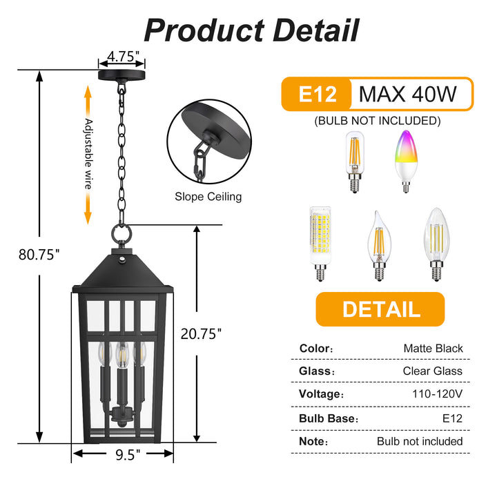 Element 3 - Light 21''H Adjustable Black Iron ETL Outdoor Hanging Lights with Clear Tempered Glass and Dusk to Dawn #OP7126