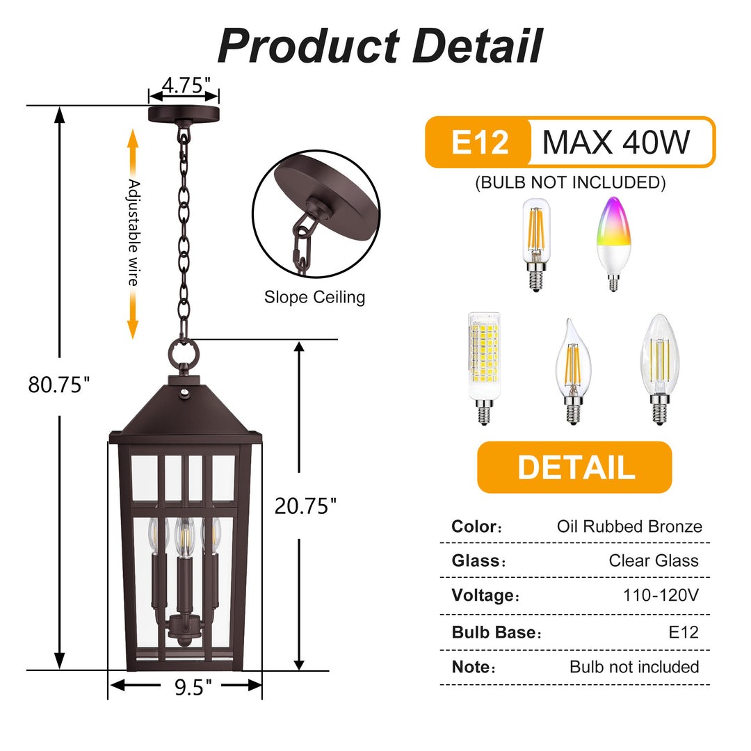 Element 3 - Light 21''H Adjustable Black Iron ETL Outdoor Hanging Lights with Clear Tempered Glass and Dusk to Dawn #OP7126