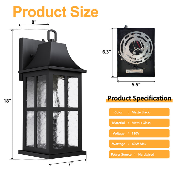 Radiance 18''H Matte Black Iron ETL Clear Hammered Glass Outdoor Wall Lantern with Dusk to Dawn #OW7087