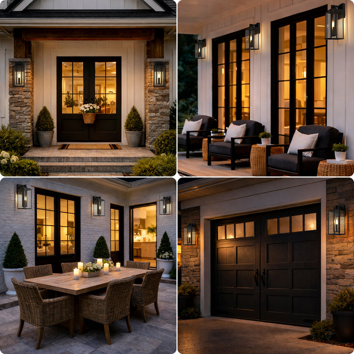Harbor Black and Gold Base Outdoor Wall Light with Dusk to Dawn and Clear Tempered Glass #OW7102