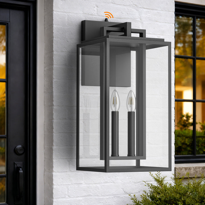 Harbor Black and Gold Base Outdoor Wall Light with Dusk to Dawn and Clear Tempered Glass #OW7102